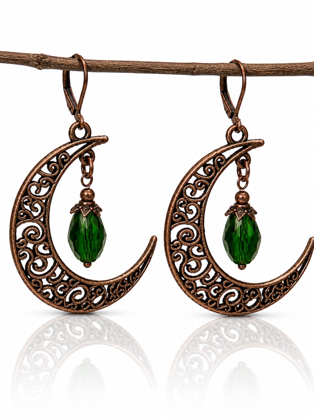 Vintage inspired Antique Copper Crescent Moon Earrings Green Drop Boho Celestial